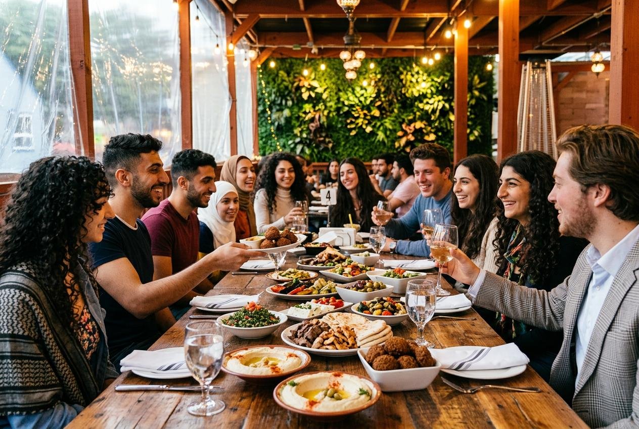 Group of guests sharing a Mediterranean mezze platter with hummus, falafel, pita, and grilled meats at Mezze Cafe Mediterranean Grill & Hookah Lounge, 504 W Oltorf St, Austin, TX 78704
